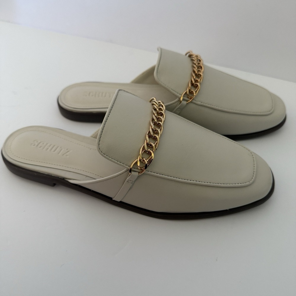 Schutz Desmond Pearl Leather Chain Flat Mules Womens 8B Square Toe Slides Brazil